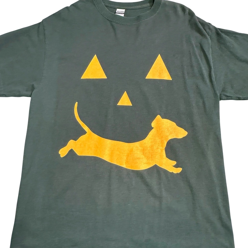 Gildan Mens Forest Green Dachshund Pumpkin Halloween Graphic T-Shirt Large - Picture 3 of 8